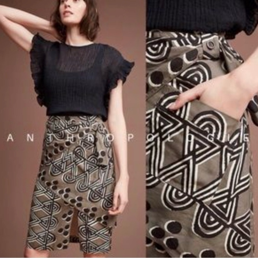 Maeve Anthro Abstract Wrap Skirt | US 4 |Neutral Geo Print | Rayon Draped Midi